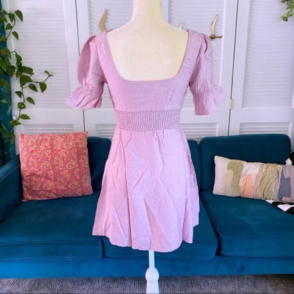 Fanco Francesca Mauve Milkmaid Mini Dress Cut Out Puff Sleeve Smocked New Small - Picture 9 of 14